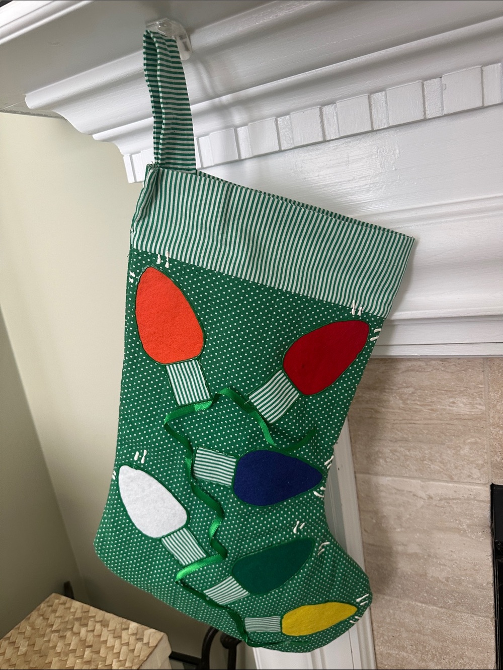 Christmas Green Holiday Stocking with Multicolor Felt Light Appliqués